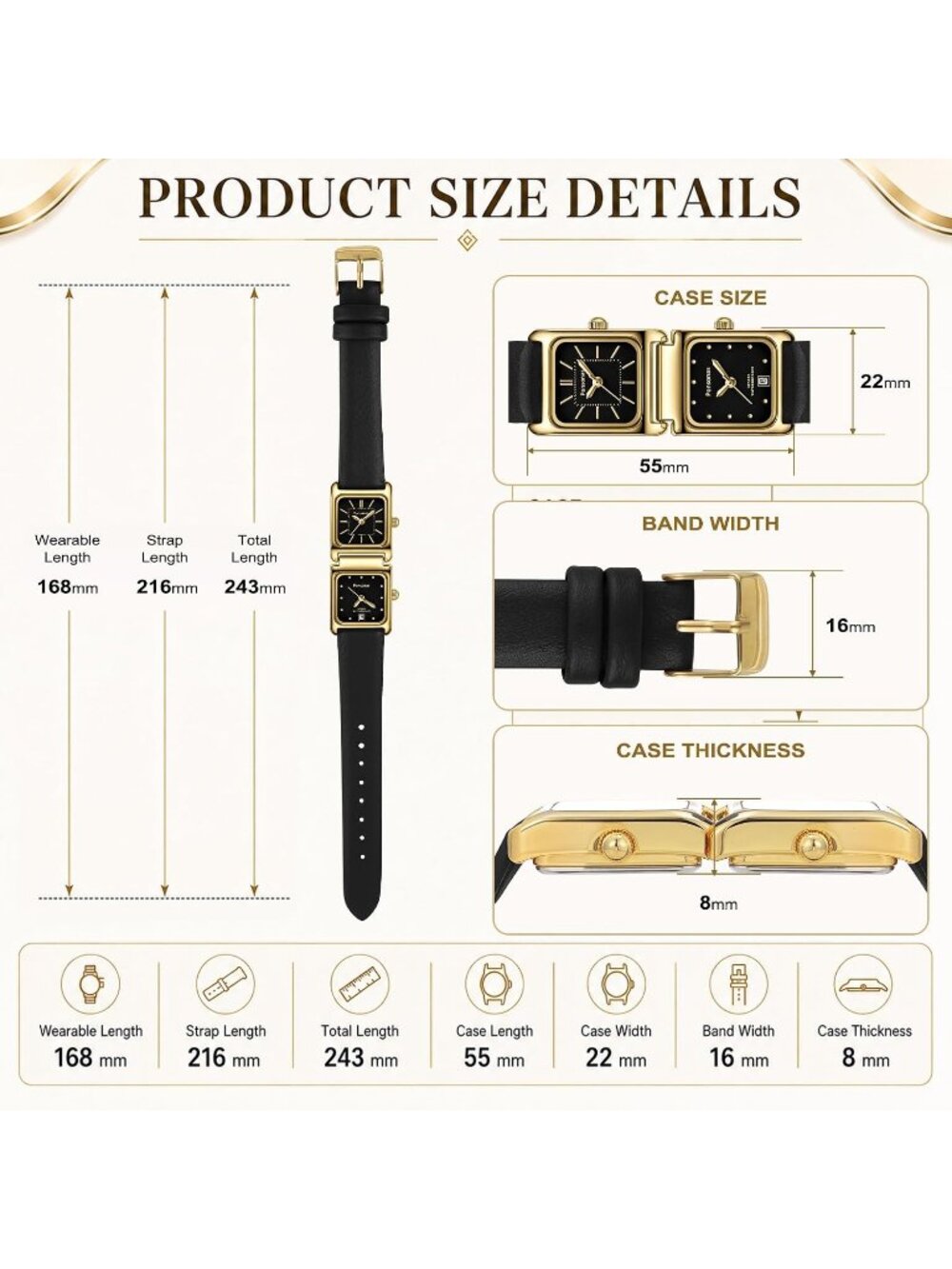 Women's All Black Leather Quartz Dual Square Dial Vintage Dress Wrist Watches - Picture 6 of 7